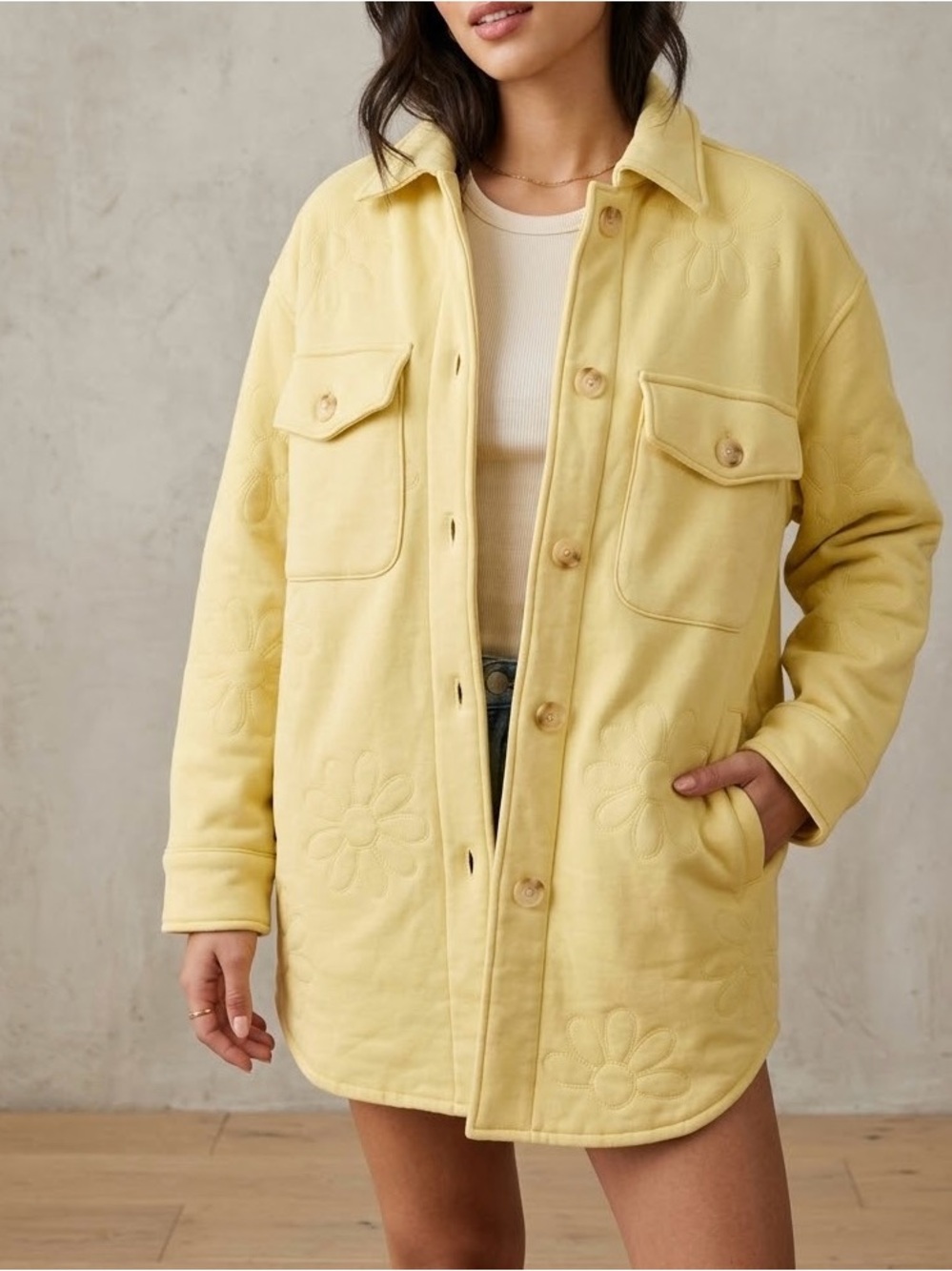 Yellow Quilted Floral Shacket Jacket - Women's
